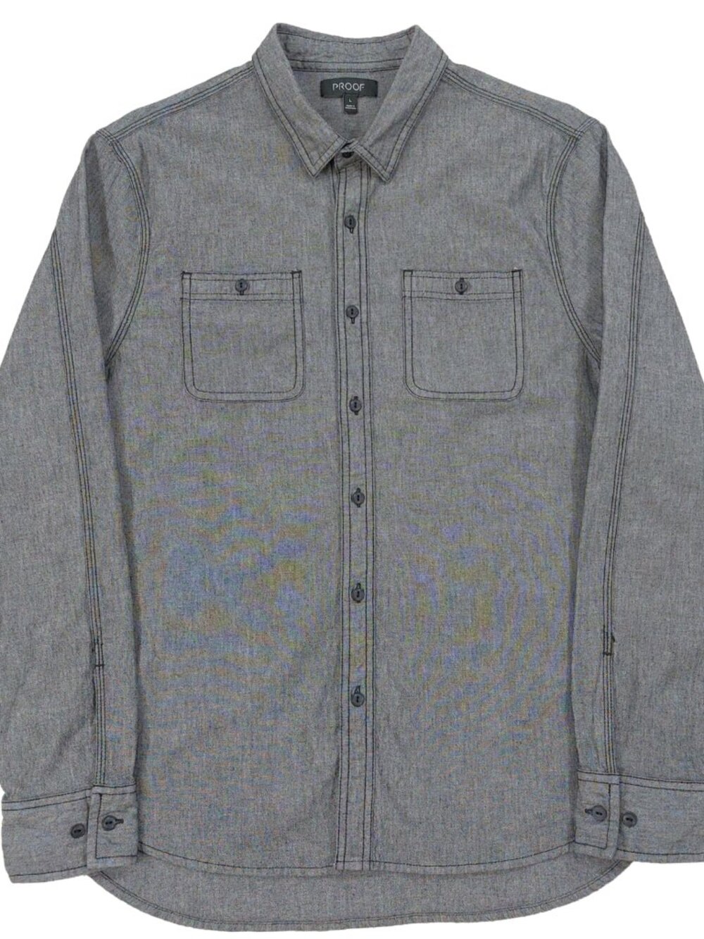 Proof Huckberry Chambray Strong Work Shirt Mens Sz L, Grey Button Long Sleeve